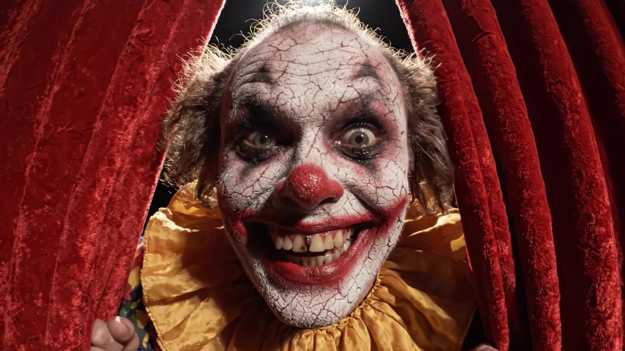 A Sinister Clown Awaits: Unmasking the Eerie Sight Beyond the Velvet Curtains with a Twisted Grin and Piercing Gaze Captured in the Spotlight