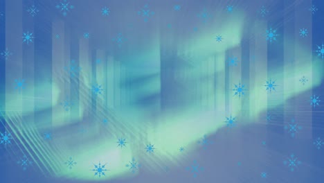 animation of snowflakes over light trails on blue background