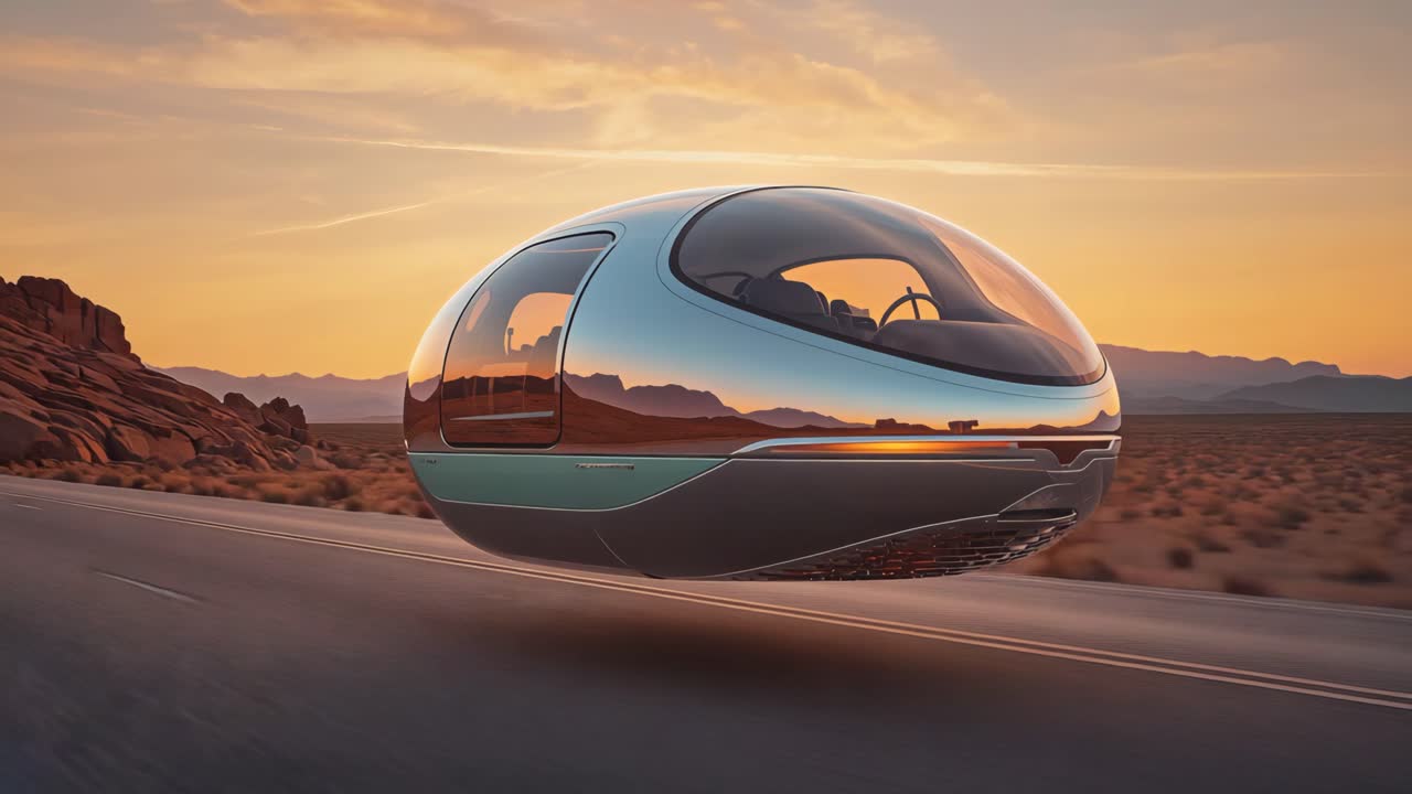 Futuristic Self-Driving Vehicle on a Desert Road at Sunset