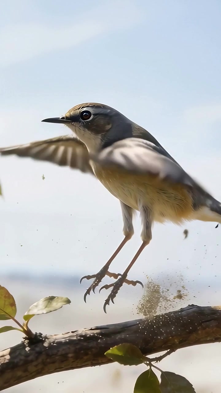 Video verticale: Uccello canoro che si lancia spingendosi da un sottile ramo sulla spiaggia, spargendo sabbia per volare