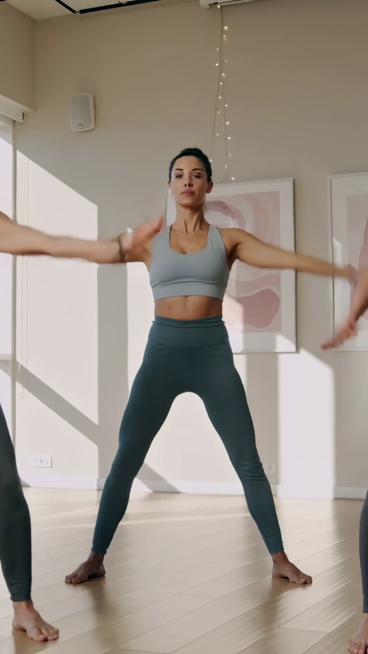Vertical video: Instructor leading class, raising arms, lowering into squat by window in sportswear