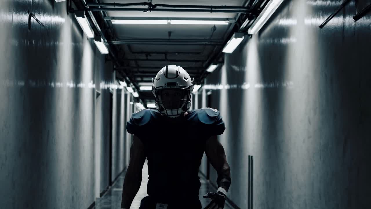 jugador de fútbol americano caminando por un corredor de hormigón débilmente iluminado, con uniforme y casco, encarnando determinación e intensidad atlética antes del tiempo de juego