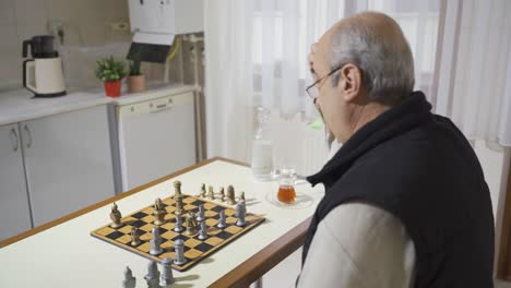 happy and cheerful old man playing chess by himself.