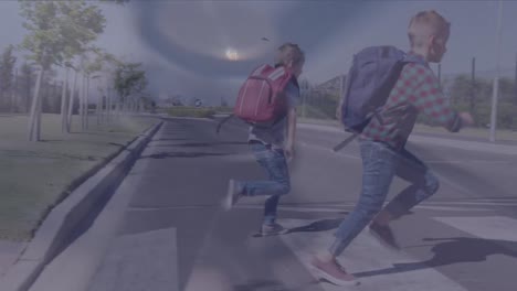 Animation-of-clock-moving-over-diverse-schoolchildren-running