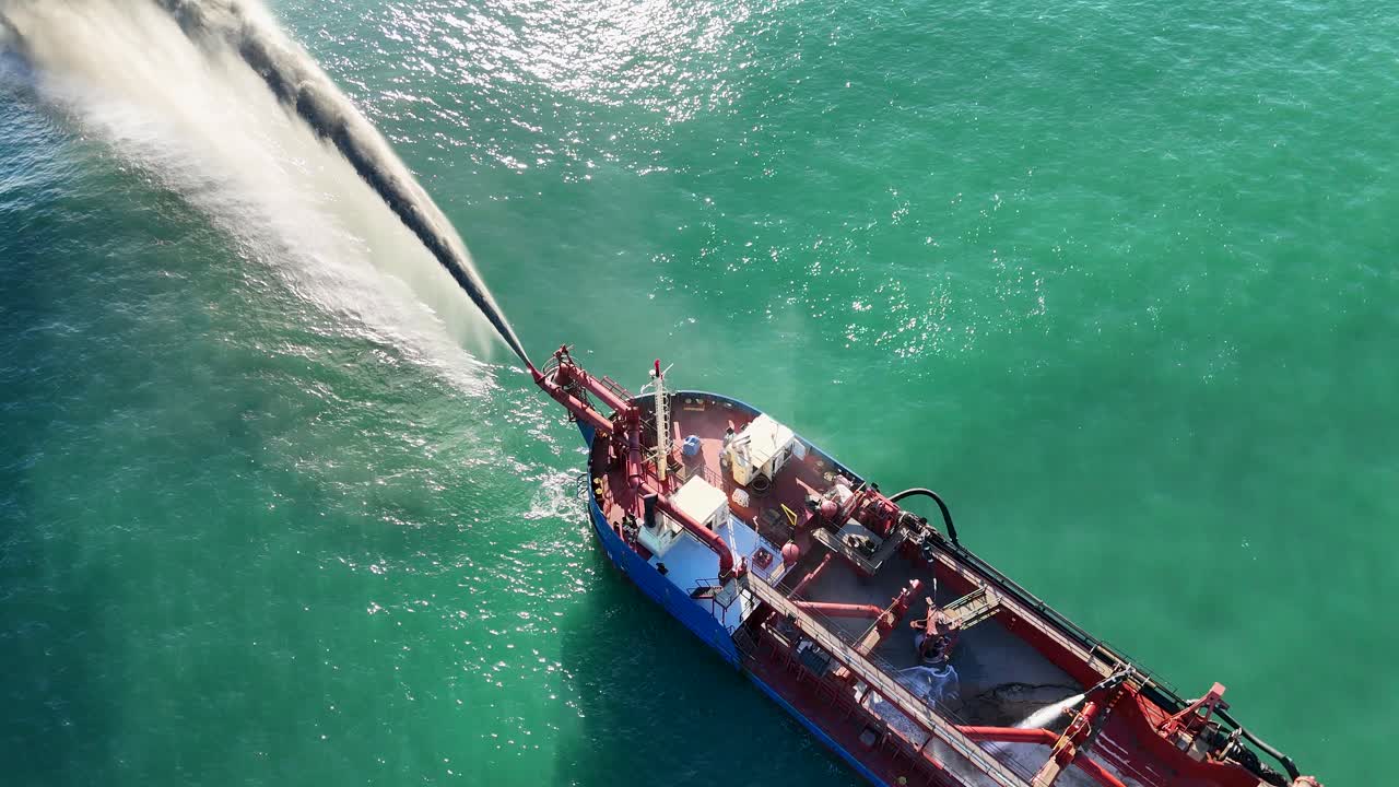Aerial view of a dredging ship pumping sand into the ocean, enhancing beach restoration efforts under clear skies