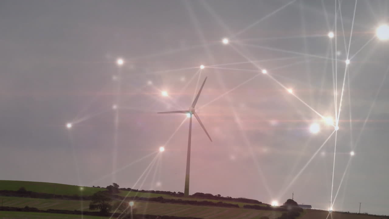 Wind turbine rising over fields, showing glowing network nodes linking across sky, flat design