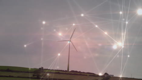 wind turbine rising over fields, showing glowing network nodes linking across sky, flat design