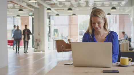 young businesswoman working on laptop at desk in modern office with colleagues in background