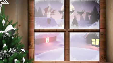 Animation-Einer-Winterlandschaft-Mit-Weihnachtsdekoration,-Gesehen-Durch-Ein-Fenster