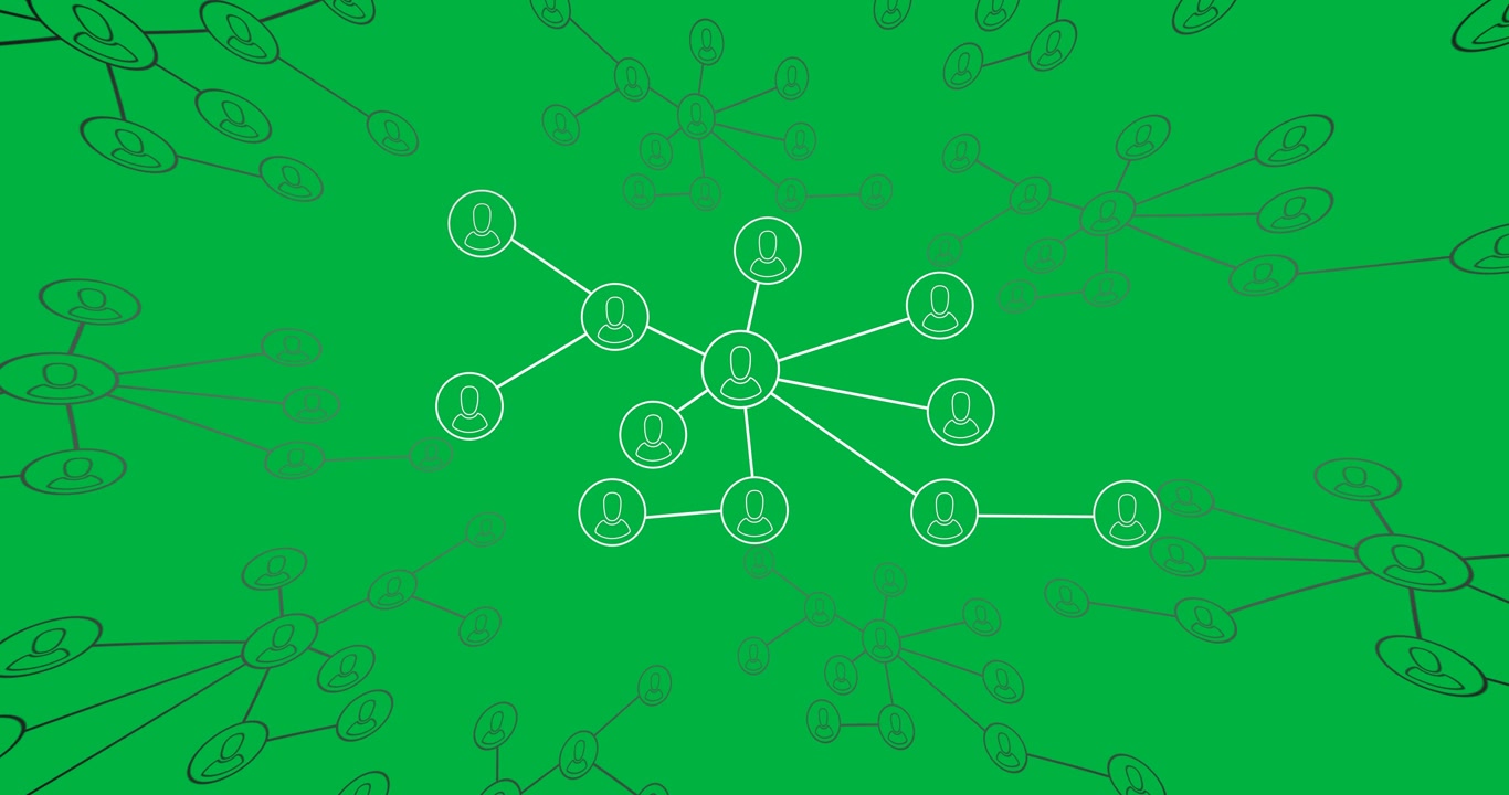 Animazione di struttura di social network con icone di persone su sfondo trasparente