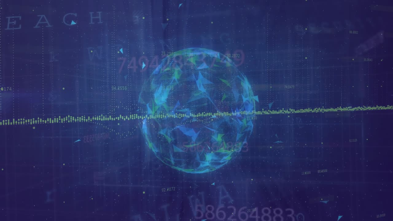 Materializing sphere rotating and emitting shards while waveform pulsing, visualizing live data