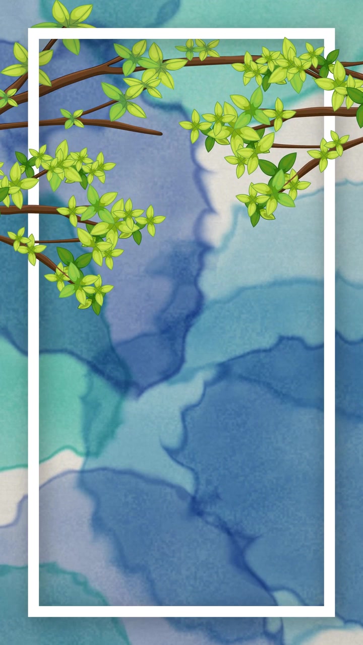 Rami di alberi verdi che ondeggiano delicatamente su una texture ad acquerello blu all'interno di una cornice verticale