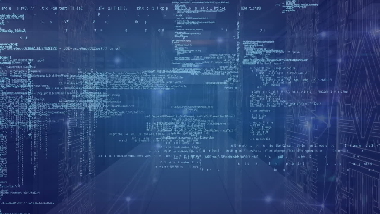animación de la red de conexiones con procesamiento de datos a través de la sala de servidores.