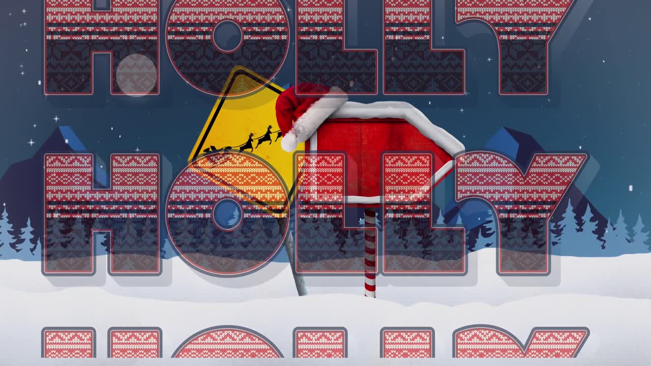 크리스마스 축하 문서의 애니메이션 겨울 풍경과 표지판