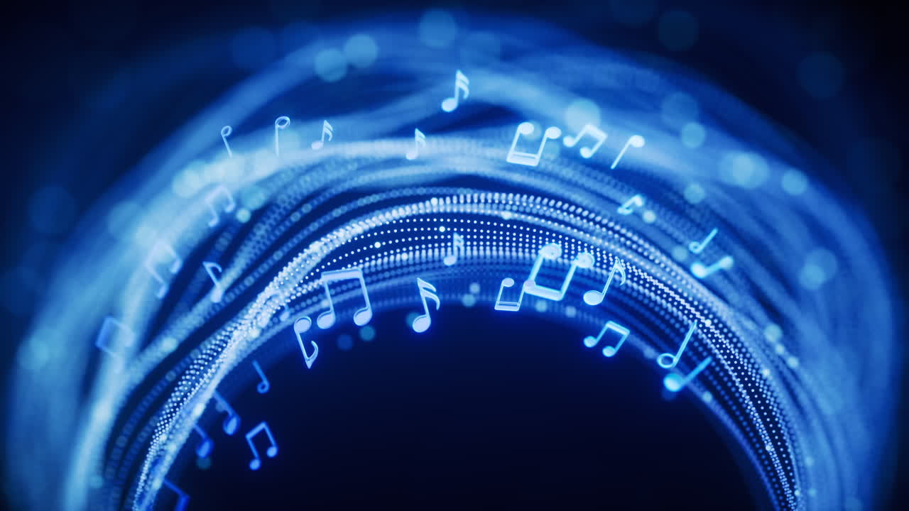 Music notes and glowing neon lines, 3d rendering
