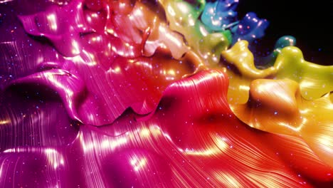 smooth abstract animation of liquid gradient rainbow color in 4k. bright glossy paint surface as abstract looped festive background. glitters on viscous liquid with 3d splashes on surface like drops.