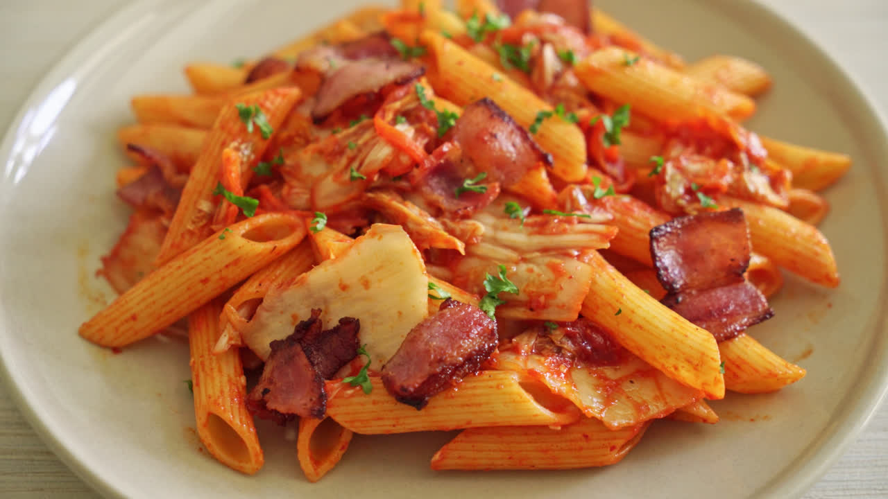pasta penne salteada con kimchi y tocino - comida fusión
