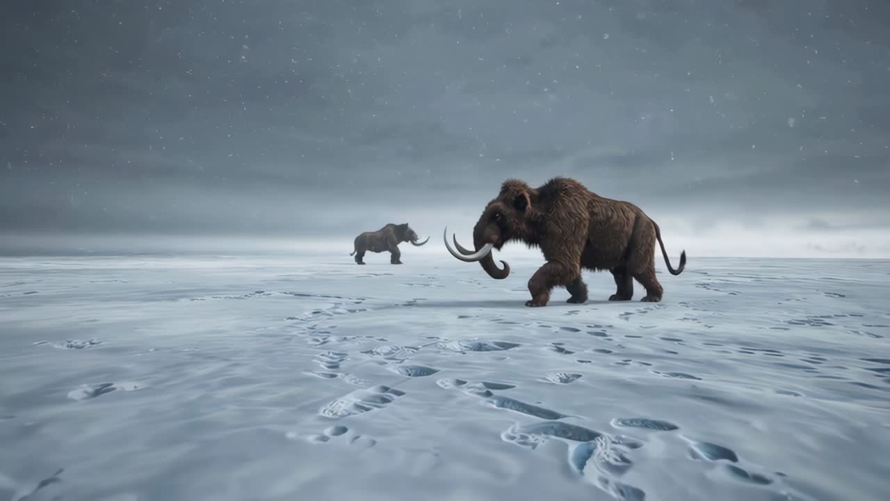 얼어붙은 풍경에서 털이 많은 매머드