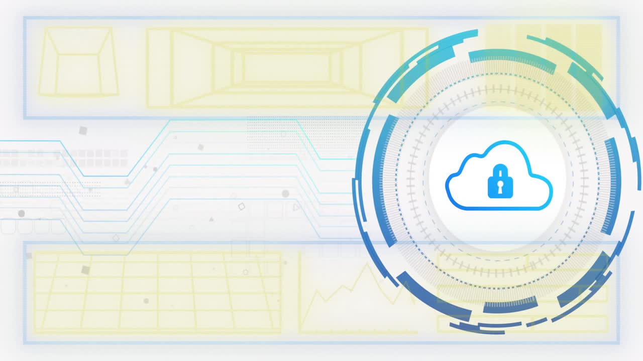 Cloud lock interface animating over abstract panels, with segmented HUD rings and circuit lines