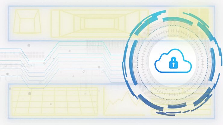 Cloud lock interface animating over abstract panels, with segmented HUD rings and circuit lines