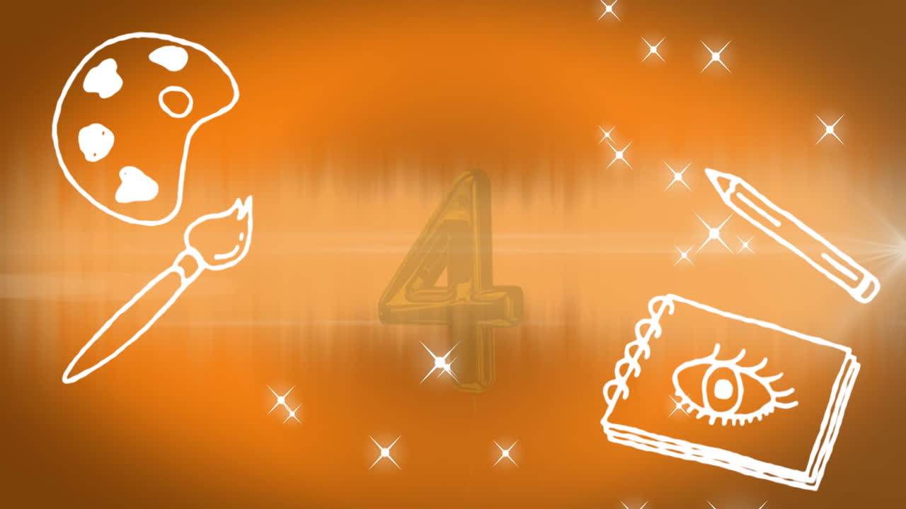 오렌지색 배경 에 있는 숫자 와 학교 물건 아이콘 의 애니메이션