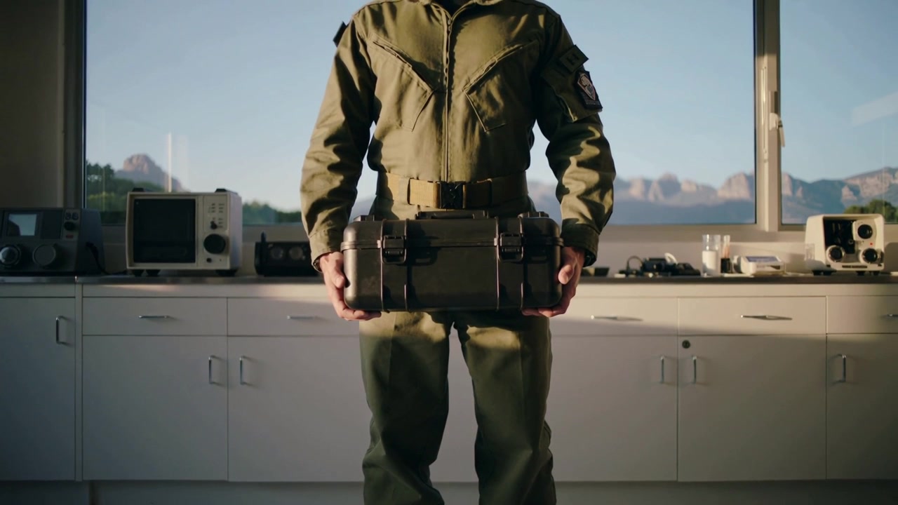 Panning camera revealing flight-suit man holding rugged case at lab counter with gear for review