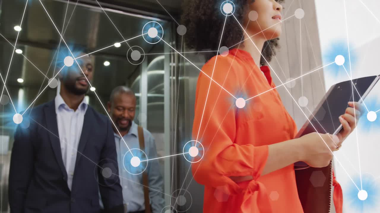 Animation of financial data processing over diverse business people in office