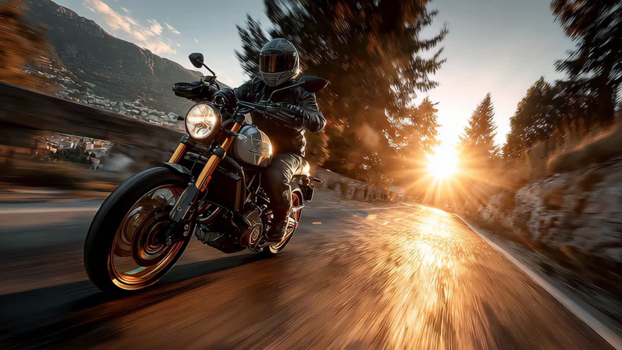 Sunset ride motorcycle adventure on winding mountain road