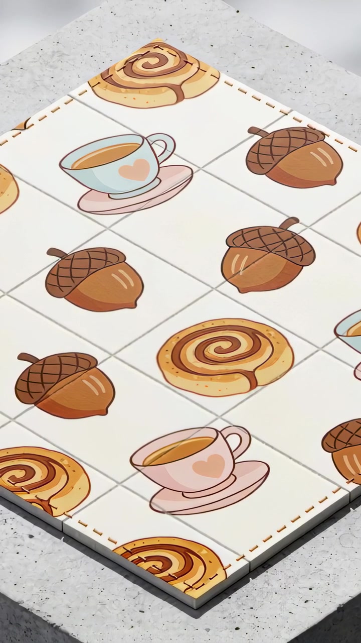 Vertical video: Rotating camera revealing tile on slab, presenting cups acorns rolls for display