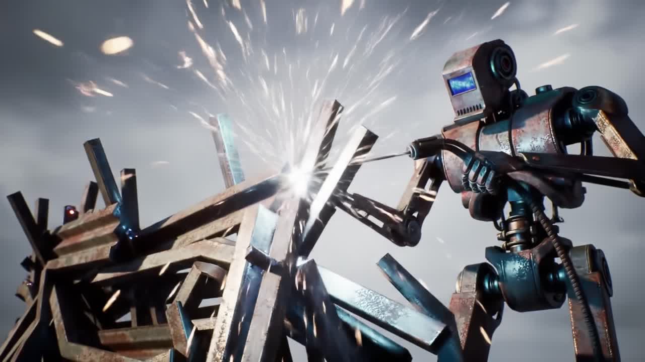 A Steampunk Robot Engages in Creative Construction Amidst a Gloomy Sky, Using Tech to Assemble Structures with Complex Steel Components and Electrifying Sparks