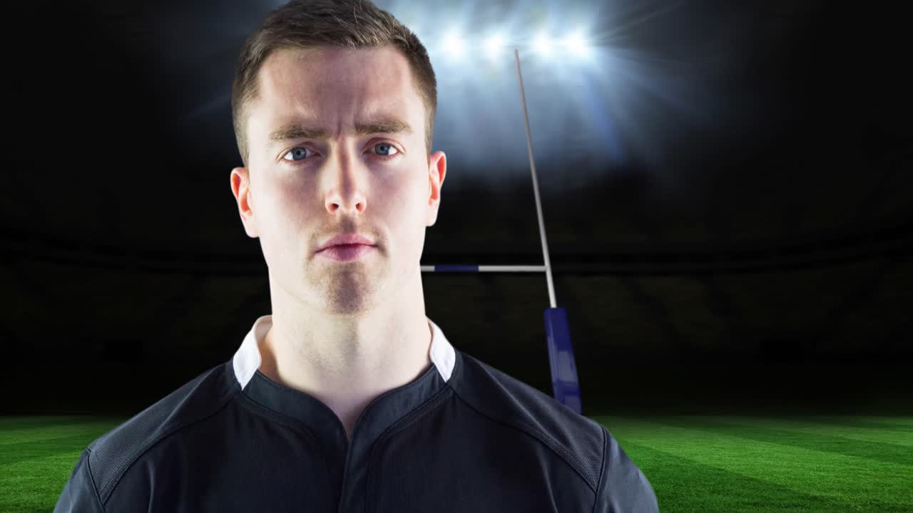 경기장 위에 공을 들고 있는 백인 남성 럭비 선수의 애니메이션