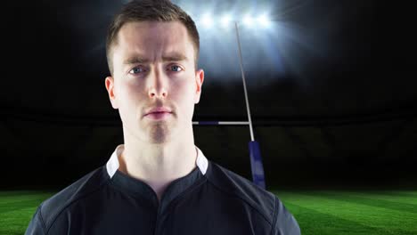 animation of caucasian male rugby player holding ball over stadium