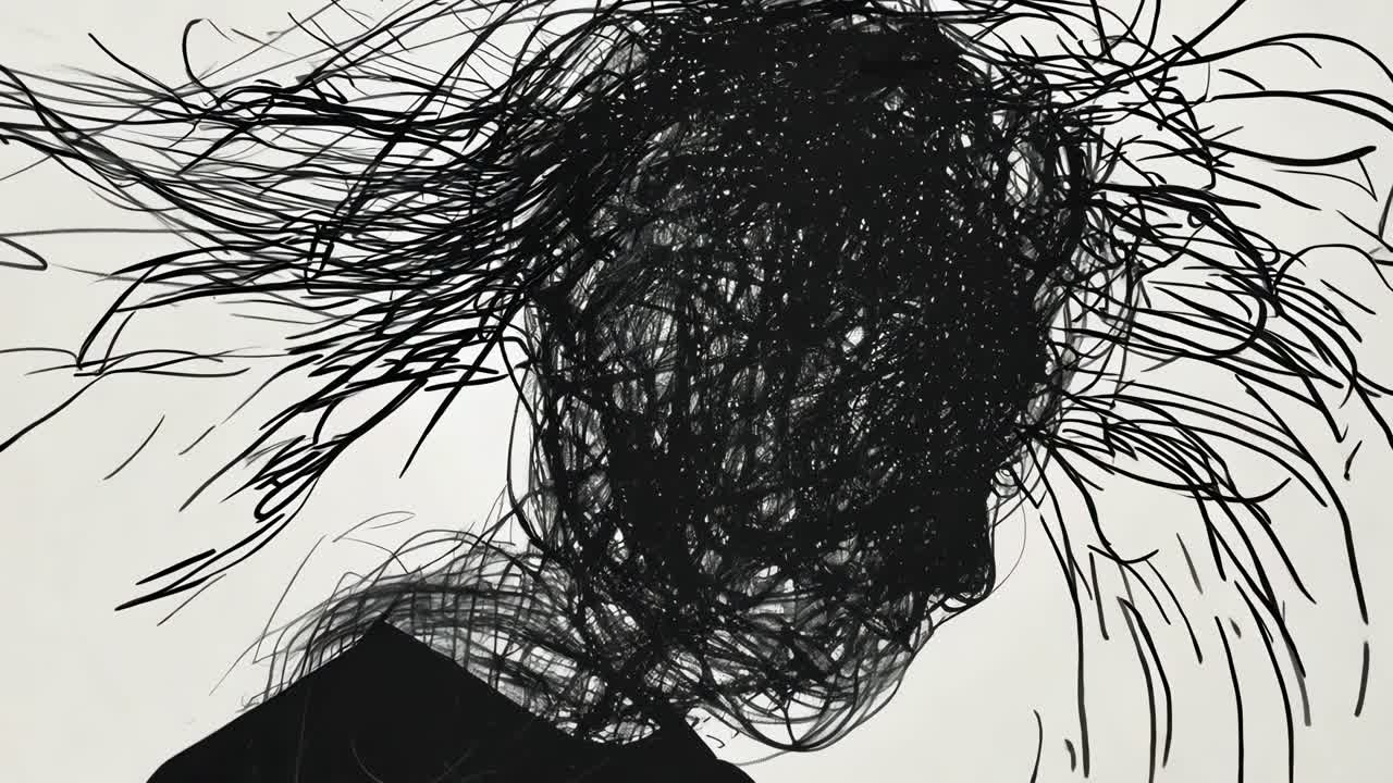 Abstract video concept of a silhouette with tangled lines as a head, side profile angle