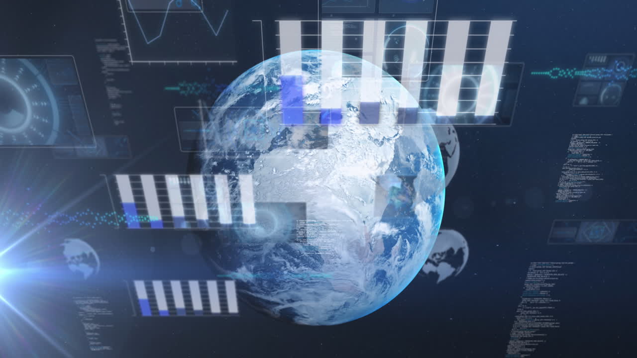 Animation of data processing and statistics over globe on blue background