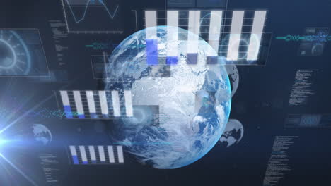 animation of data processing and statistics over globe on blue background