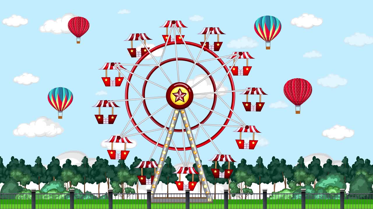 A colorful cartoon ferris wheel spins against a blue sky with floating hot air balloons