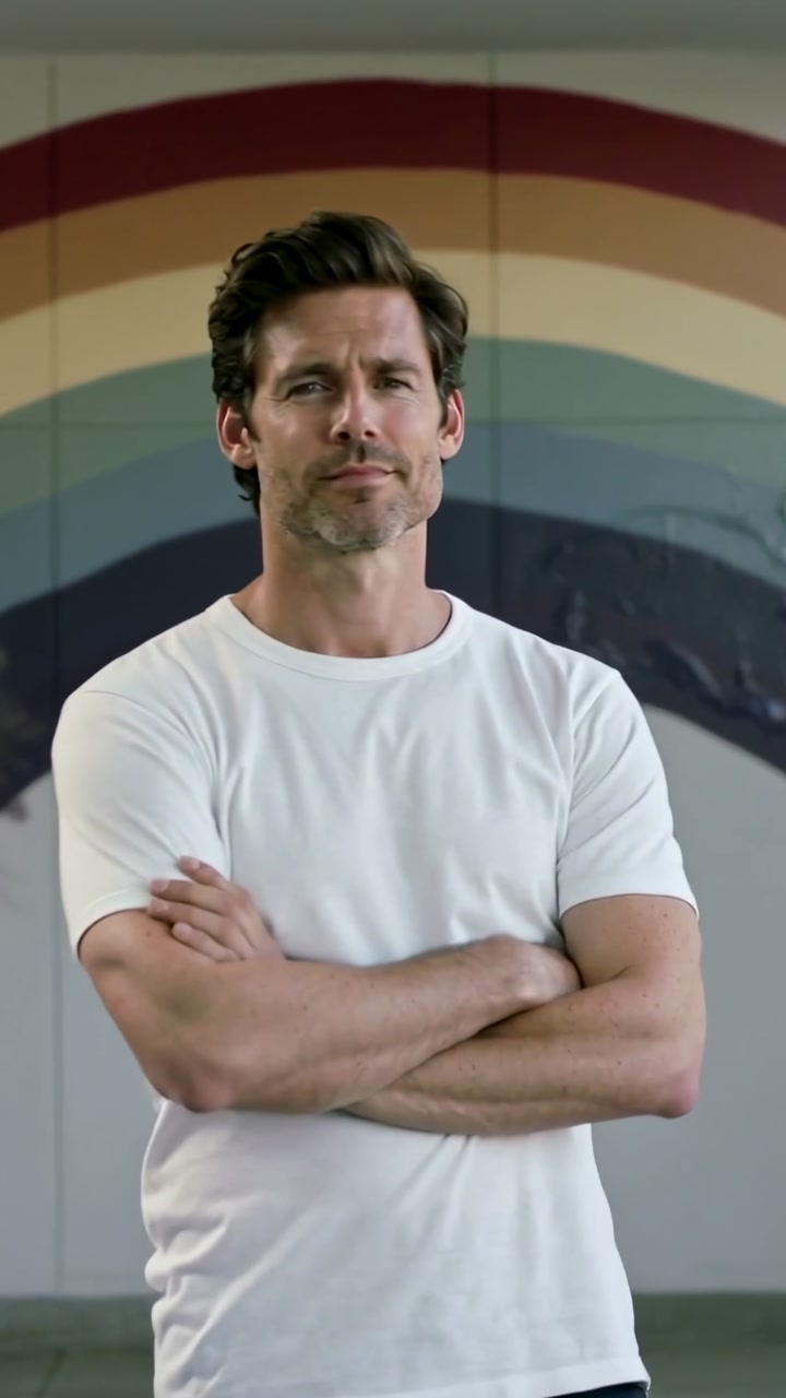 Vertical video: Cam zooming man posing arms-crossed white T dark pants at mural right peel for pic