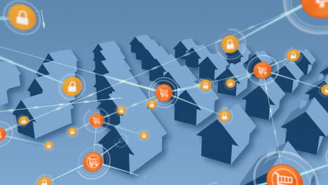 animation of network of connections with icons over rows of houses