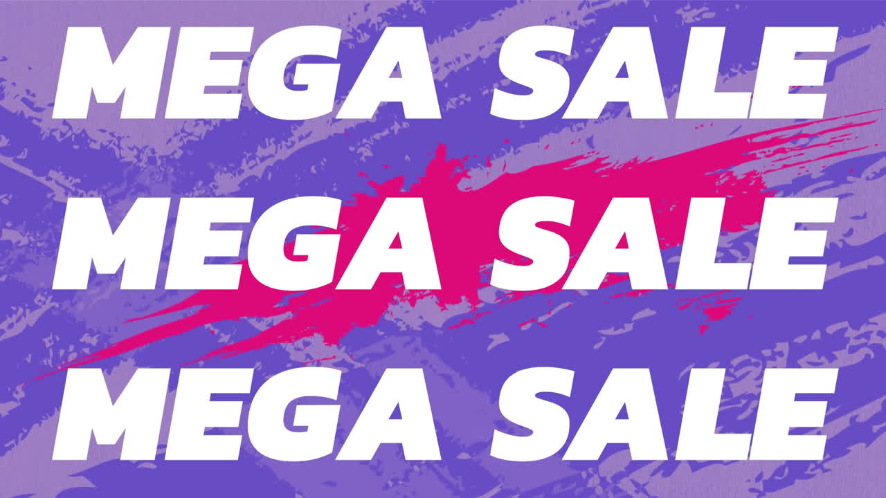 animación de la bandera de texto de venta mega en contra de las manchas de pintura cambiantes en fondo púrpura