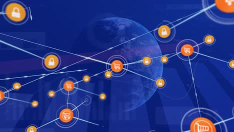 Animation-of-network-of-digital-icons-against-globe-and-statistical-data-processing