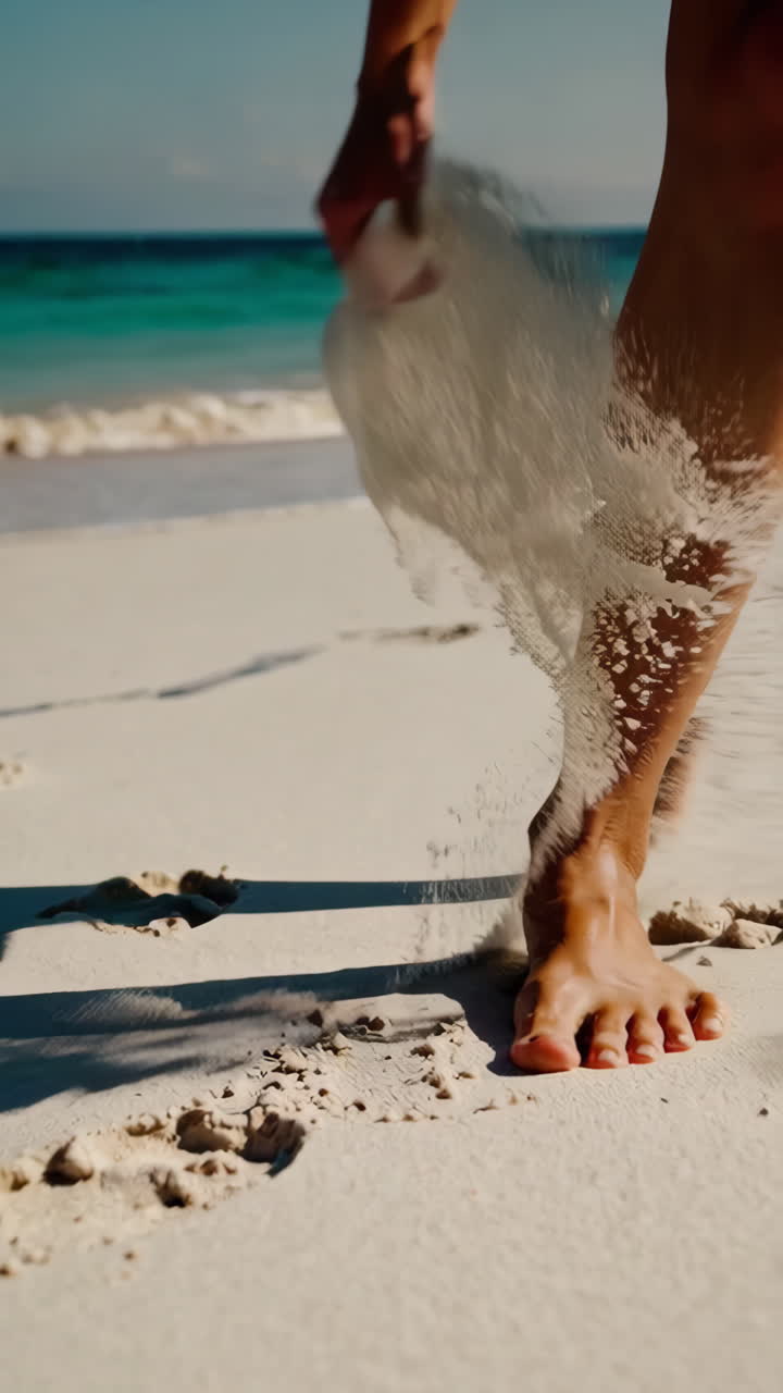 Barefoot Walk on a Sandy Beach with Footprints and Splashing Sand