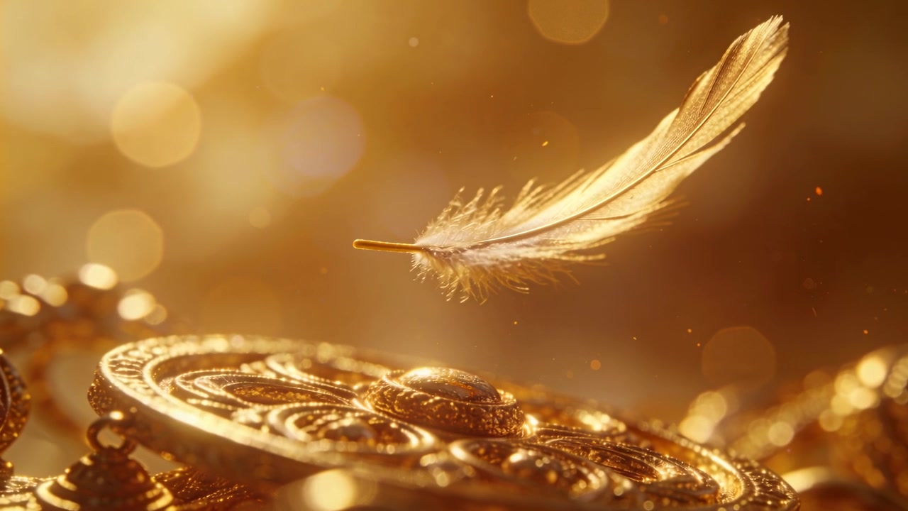 Rivelando una luce calda, una piuma dorata che fluttua verso un medaglione d'oro in un primo piano macro, adagiandosi.