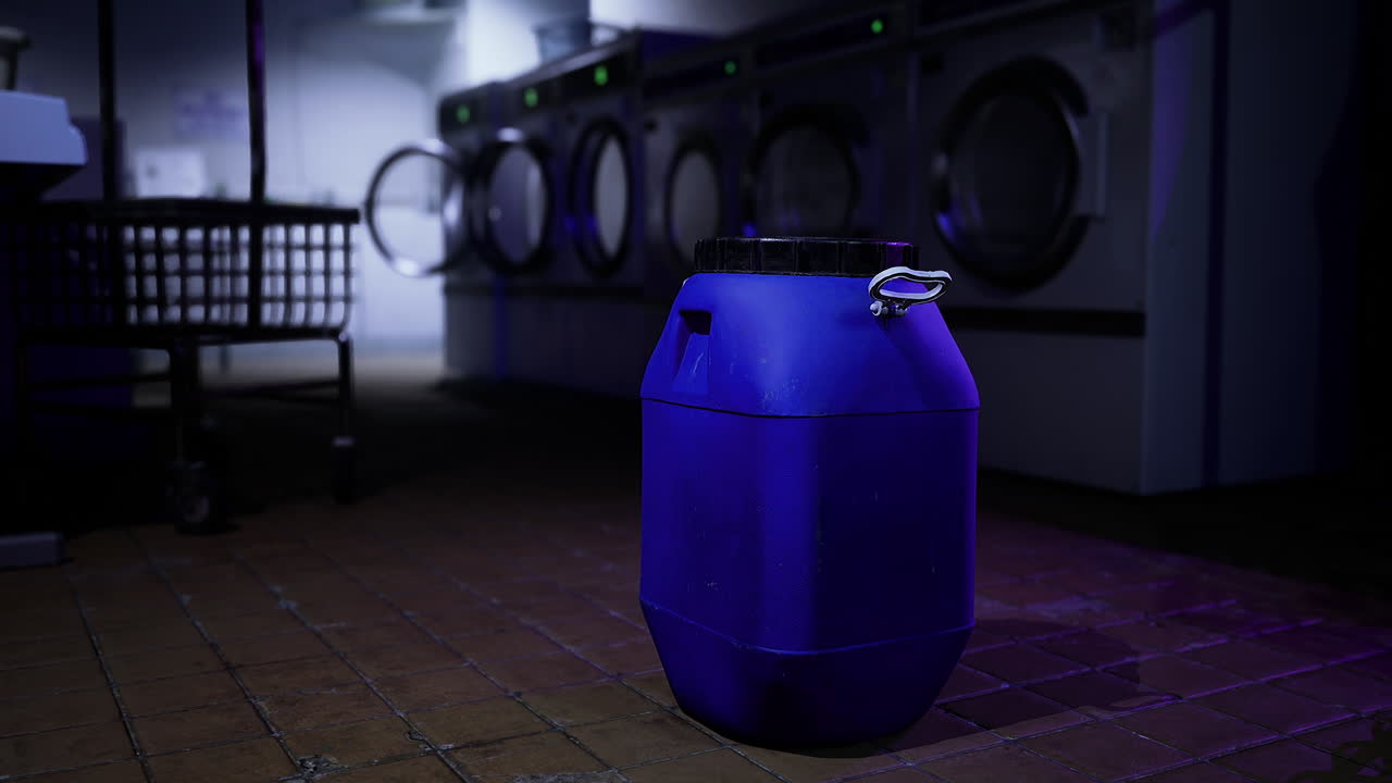 Dark laundry room with blue container at late hour of the night
