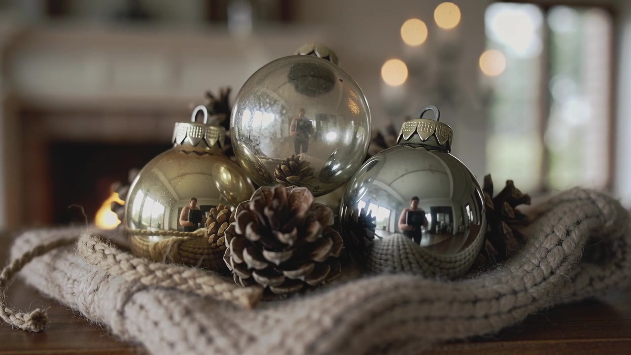 Camera shifting focus revealing three metal baubles with pinecone on table at home, showing room