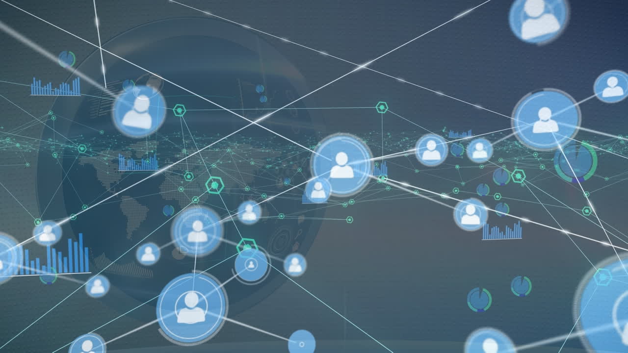 연결 네트워크의 애니메이션과 블루 디지털 공간에 대한 세계