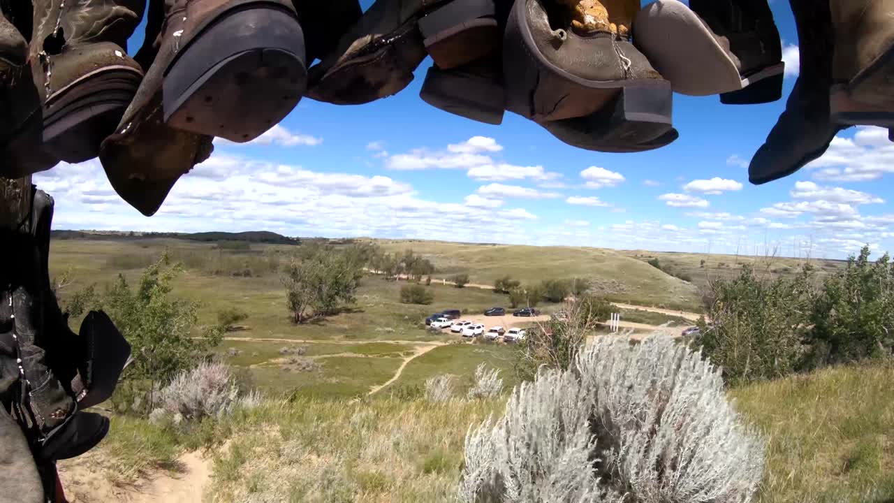 화창한 날 시골의 나무 기둥에 매달려 있는 카우보이 부츠