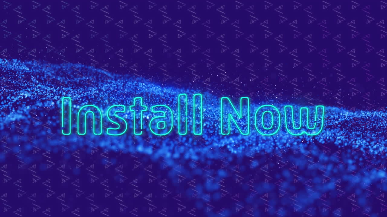 Animation of install now text over blue mesh on purple background
