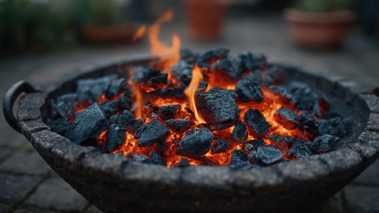 Uno spettacolo di braci ardenti: catturando la bellezza trasformativa della carbonella in un focolare, che irradia calore e intensità in un ambiente esterno rustico.