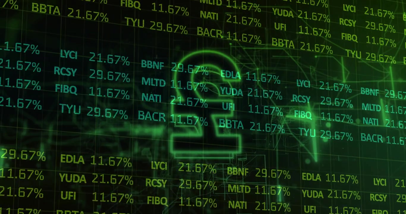 Símbolo de libra verde neón brillando en el centro de la pantalla, transmitiendo códigos de teletipo y gráficos de nodos de red.