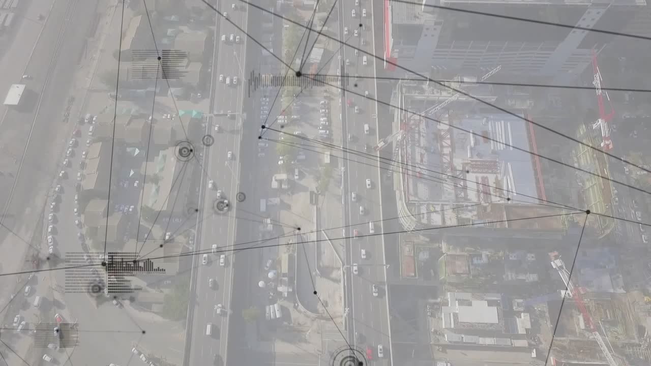 Traffic data driving HUD overlays, nodes appearing over main road, camera panning to map links